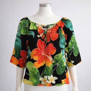 Puanani by RJC Puanani Hawaiian Shirt Women's Medium Floral Peasant Top Island